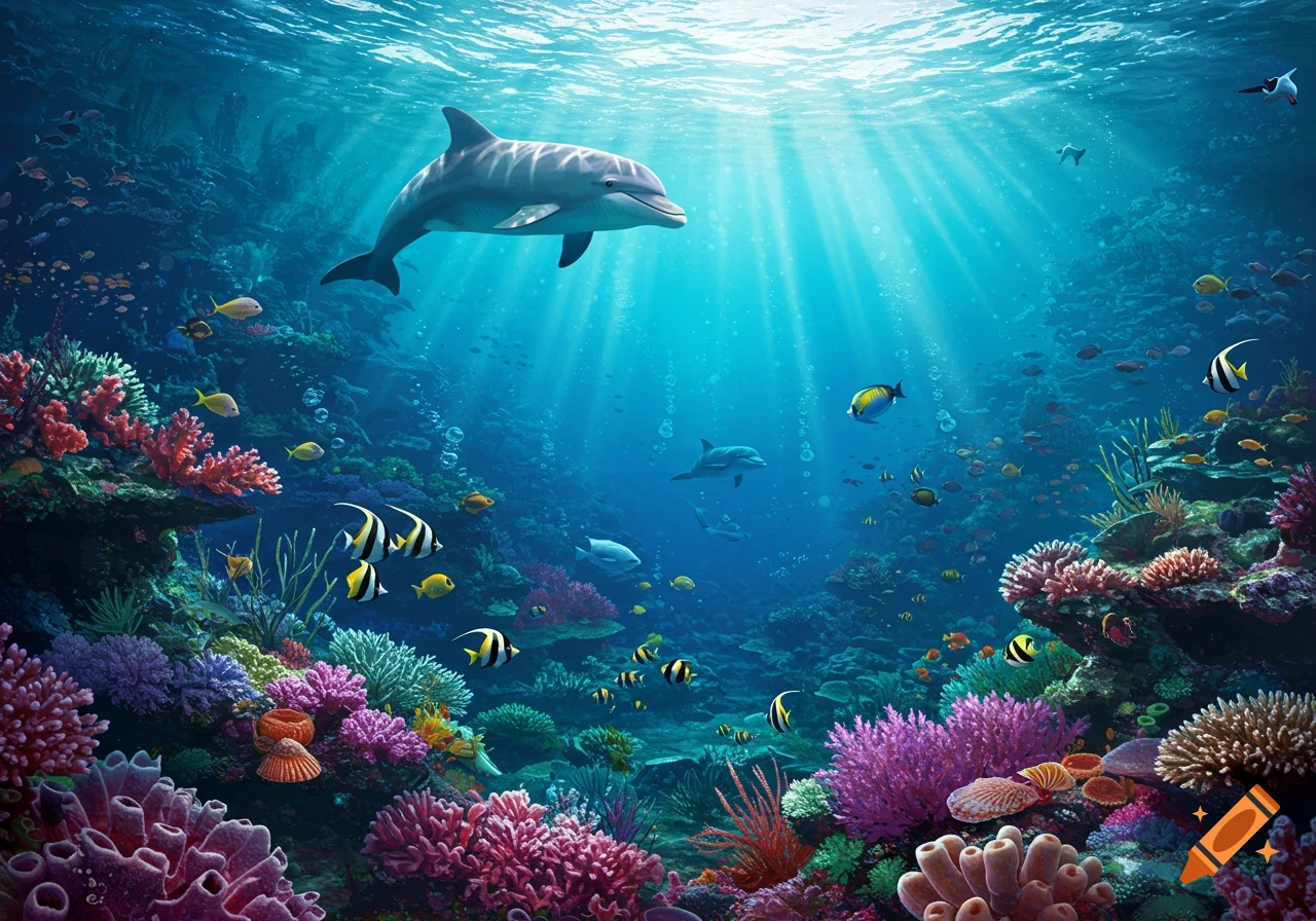 A dolphin swims in a vibrant underwater scene with colorful coral, reef fish, and sunlight streaming from the surface.