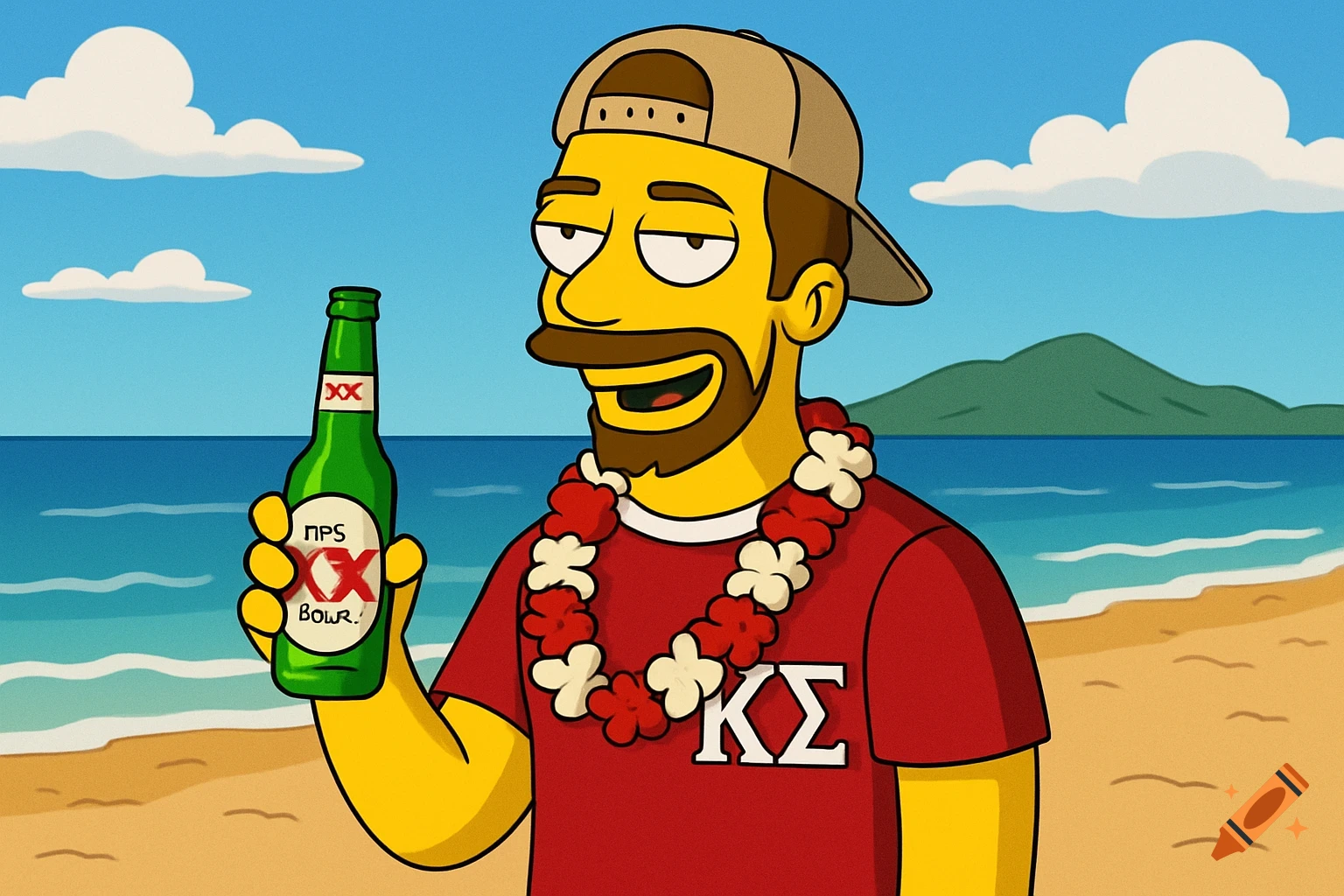 A Simpson-style cartoon of a man in a red shirt and lei holding a beer bottle on a beach.