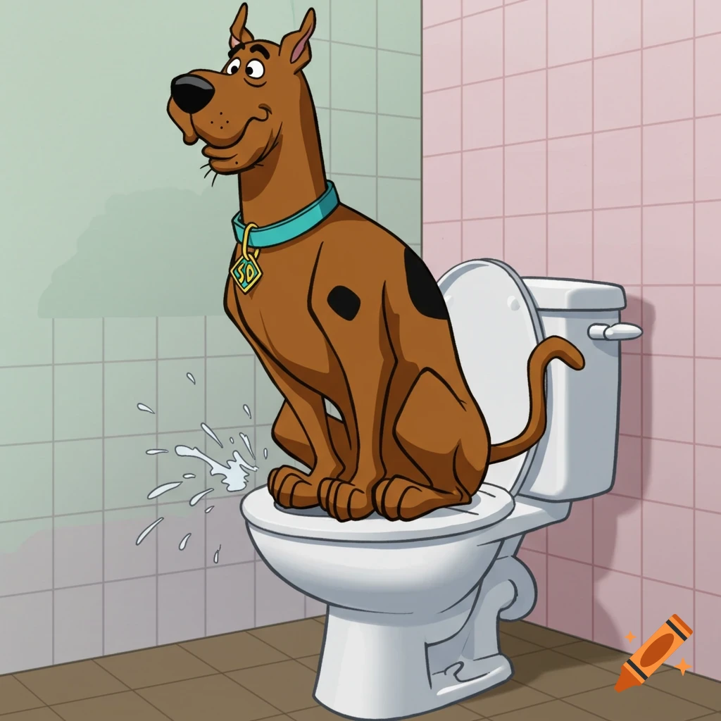 Scooby-Doo sits on a toilet, urinating.