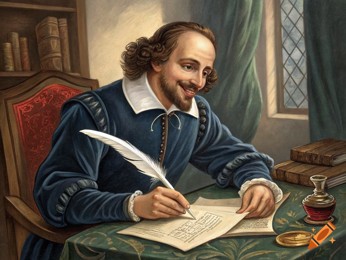 Portrait of William Shakespeare writing with a quill pen at a desk