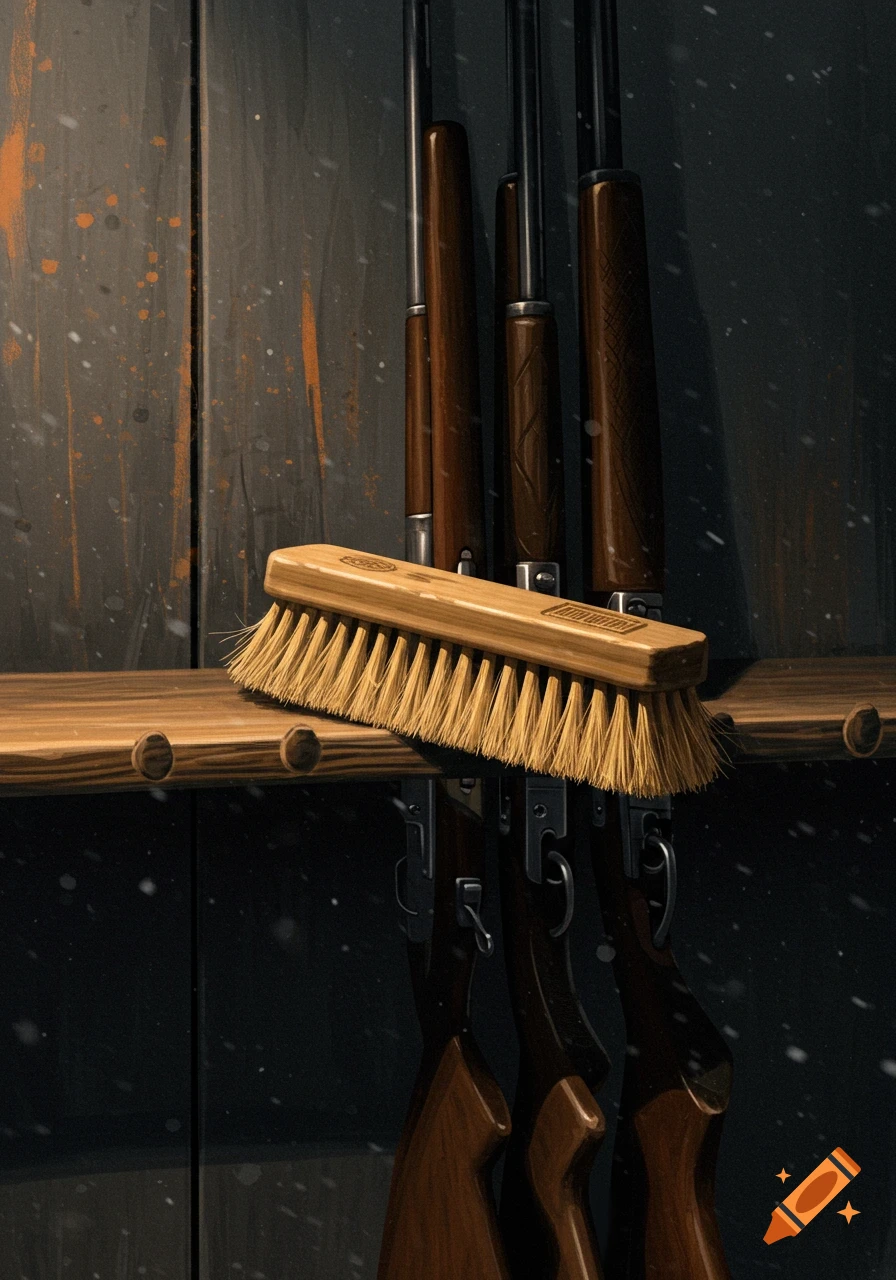 A brush rests on a wooden shelf above rifles stored in a locker.