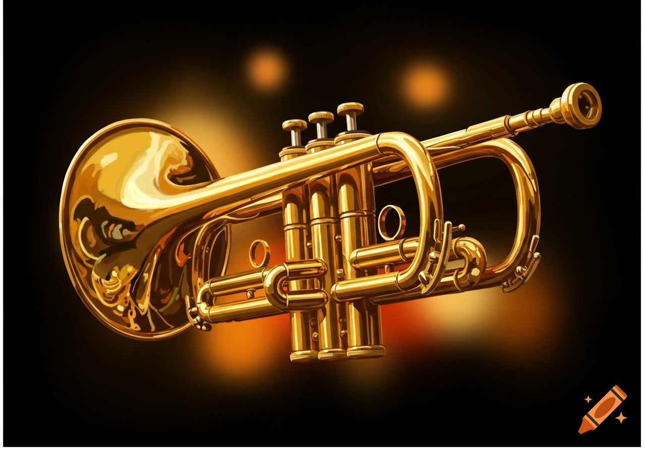 Golden trumpet on a dark background with light effects