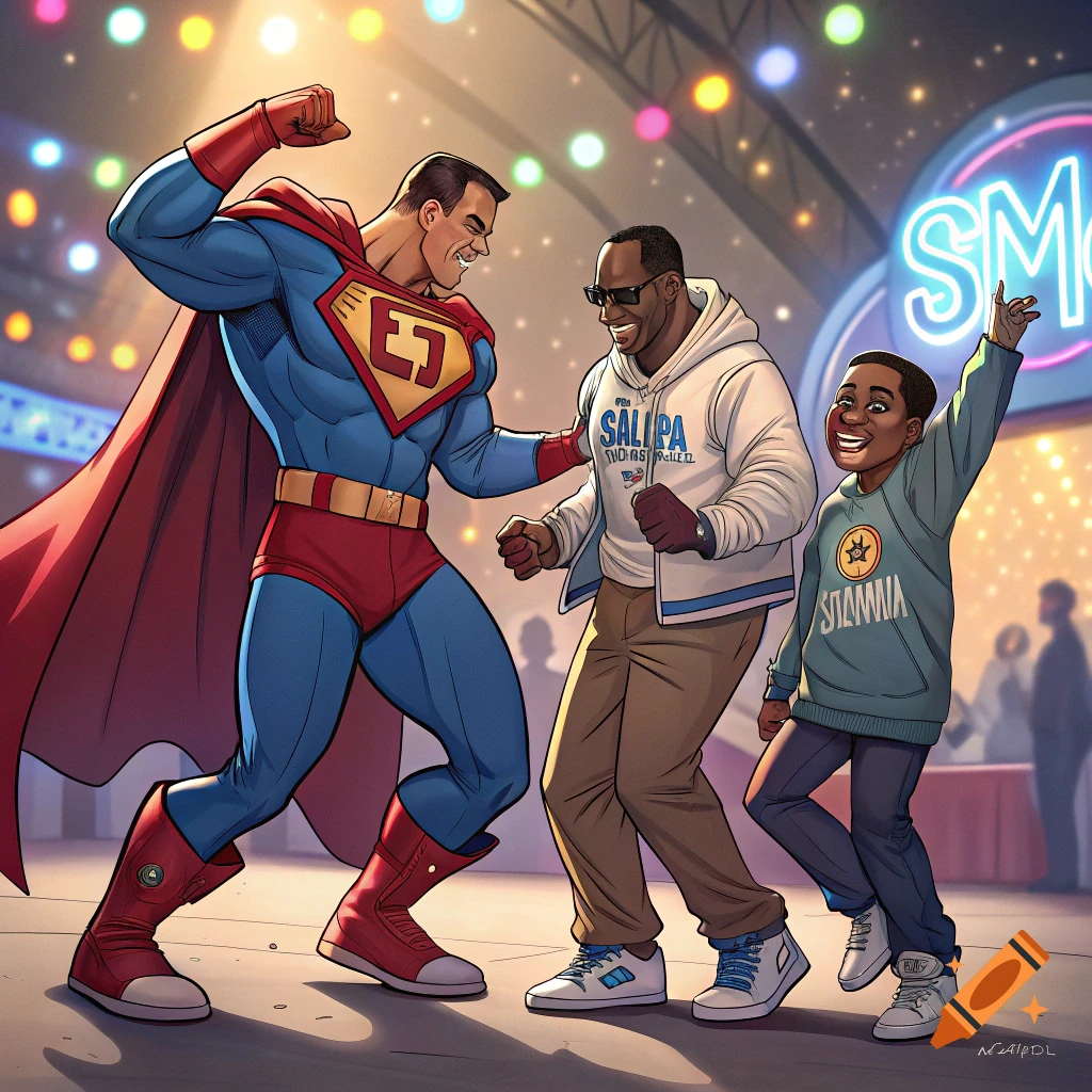 Cartoon illustration of a Superman-like figure, a man, and a boy dancing under spotlights.