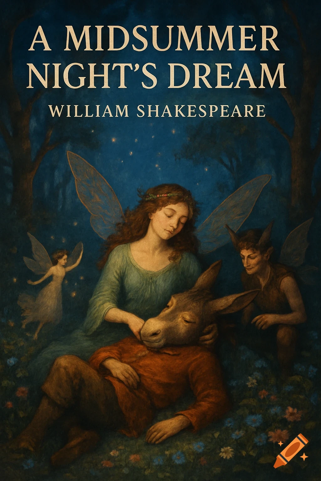 Painting of Titania with the donkey-headed Bottom and fairies in a starry forest night.