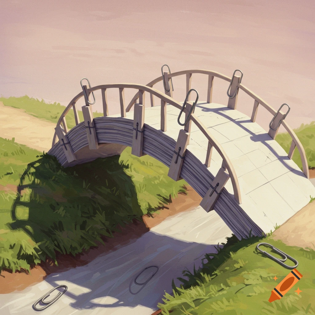 A bridge made of paper stacks held together by paper clips spans a stream, with large paper clips on the path. Conceptual art style.