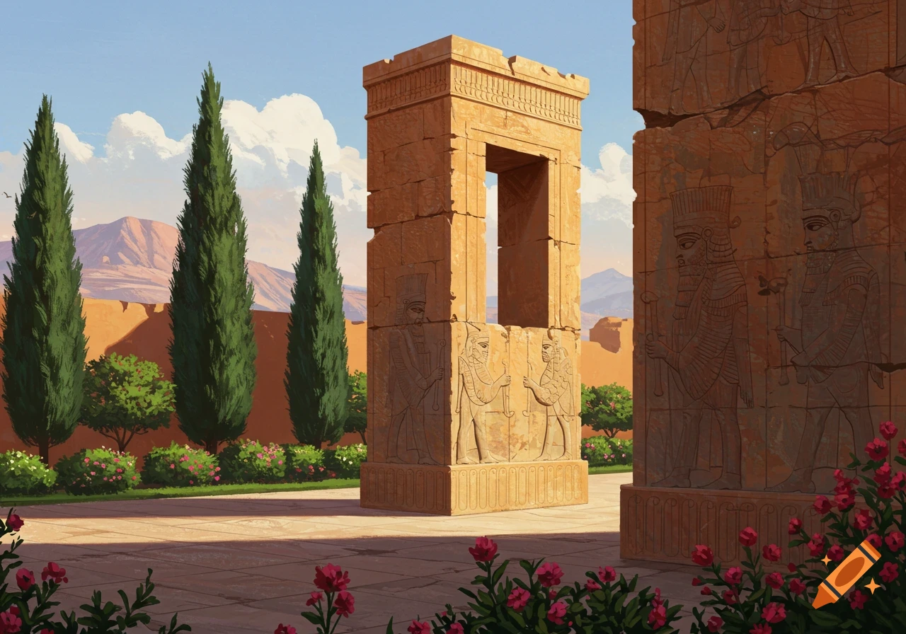 A courtyard with ancient Persian ruins featuring relief carvings, cypress trees, and flowers under a sunny sky.