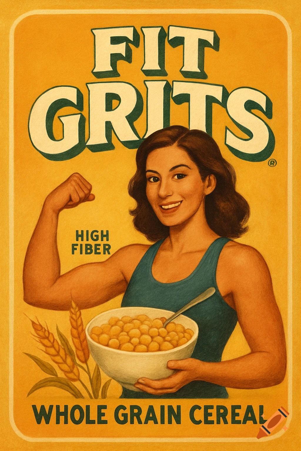 Vintage style poster for Fit Grits cereal featuring a woman flexing while holding a bowl of cereal.
