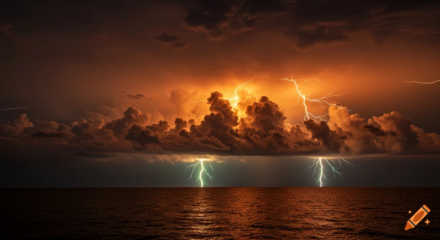 Thunderstorm over the ocean with lightning strikes at sunset.