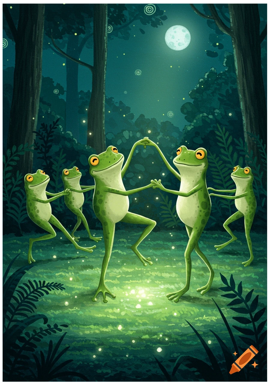 Five cartoon frogs dance in a glowing forest under a full moon, illustration style.