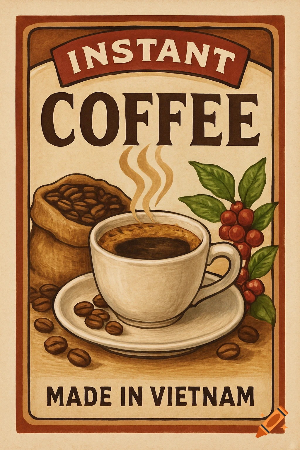 Vintage style label for instant coffee made in Vietnam, with cup, beans, and cherries.