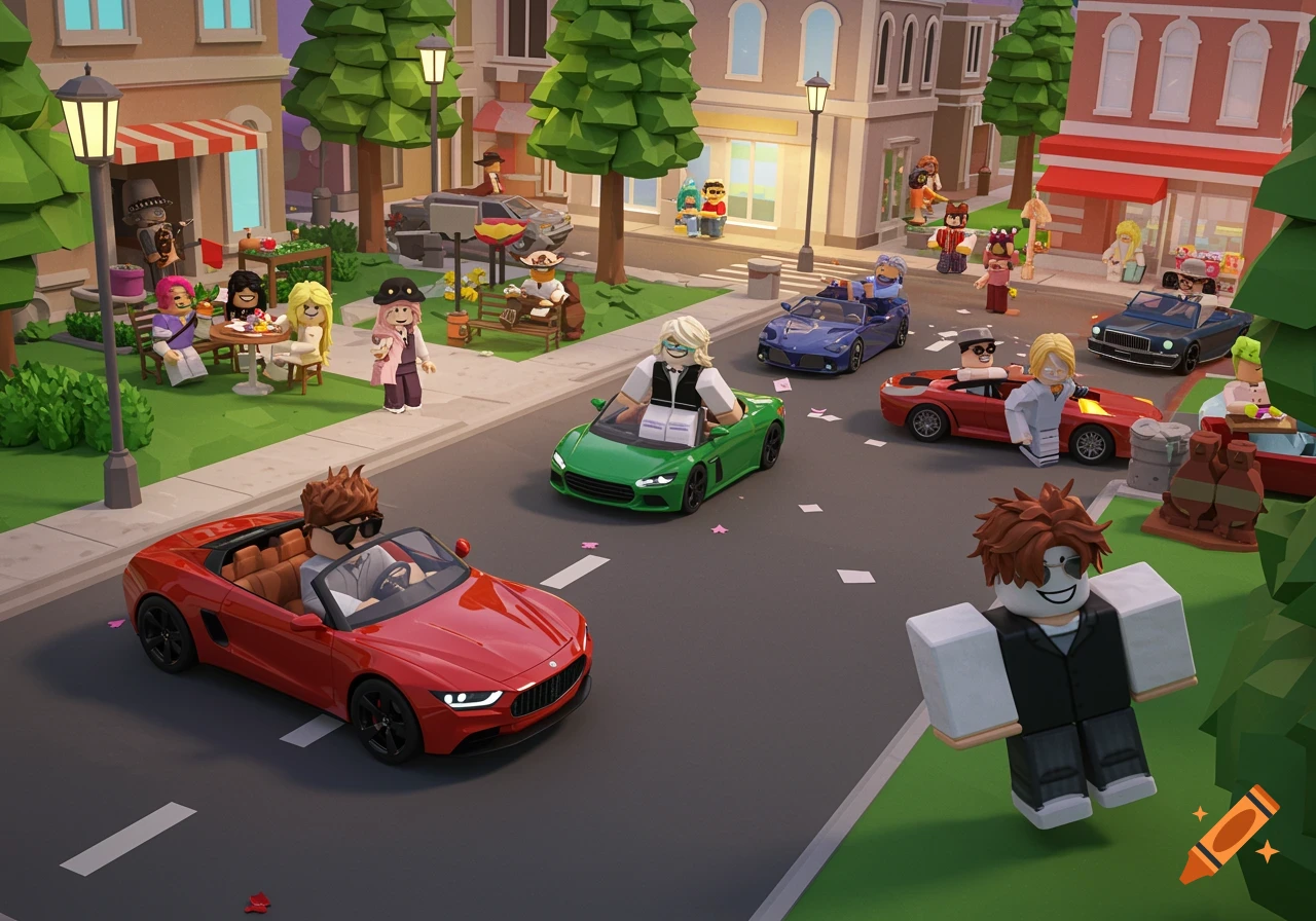 Blocky video game characters in a low-poly town driving cars