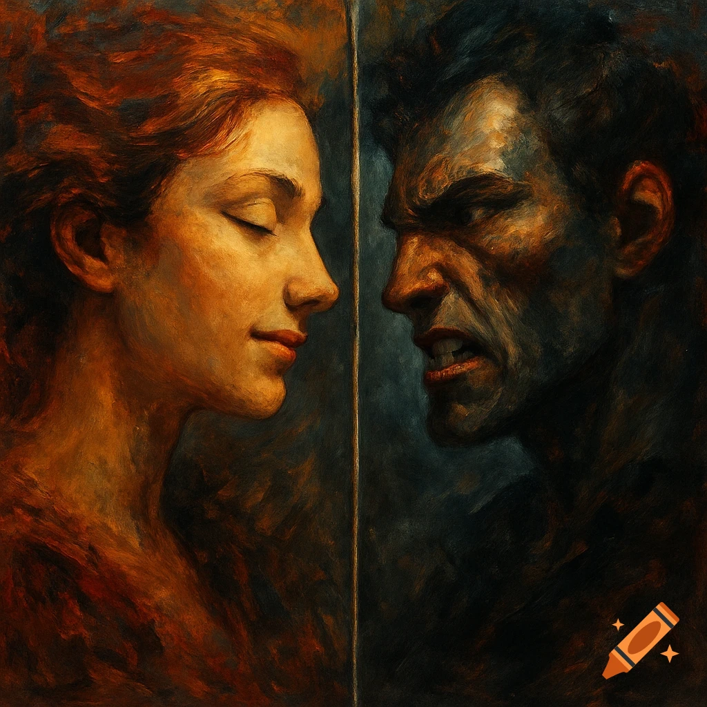 Painterly portrait of a woman's serene profile facing a man's angry, distorted profile, split by a line.