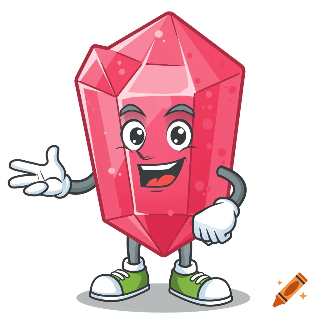 Cartoon pink crystal character with face, arms, legs, and sneakers posing on a white background.