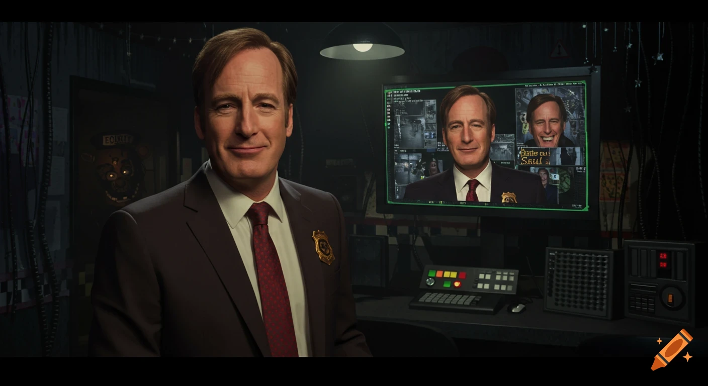 Saul Goodman in a suit sits at a security desk with monitors displaying video feeds and more images of him. A Five Nights at Freddy's animatronic is visible in the background.