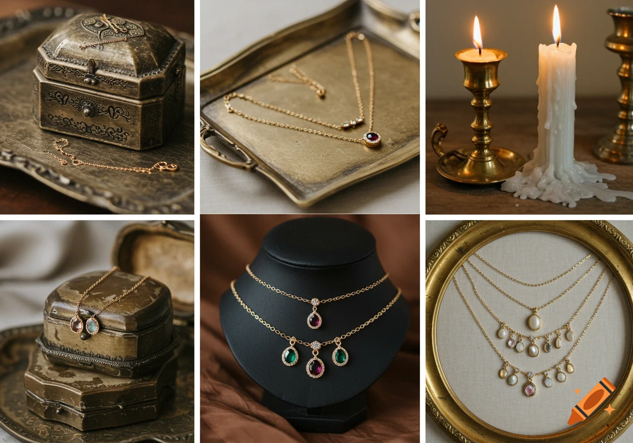 Mood board of still life images featuring gold necklaces with gemstones on antique trays, boxes, and with candles.