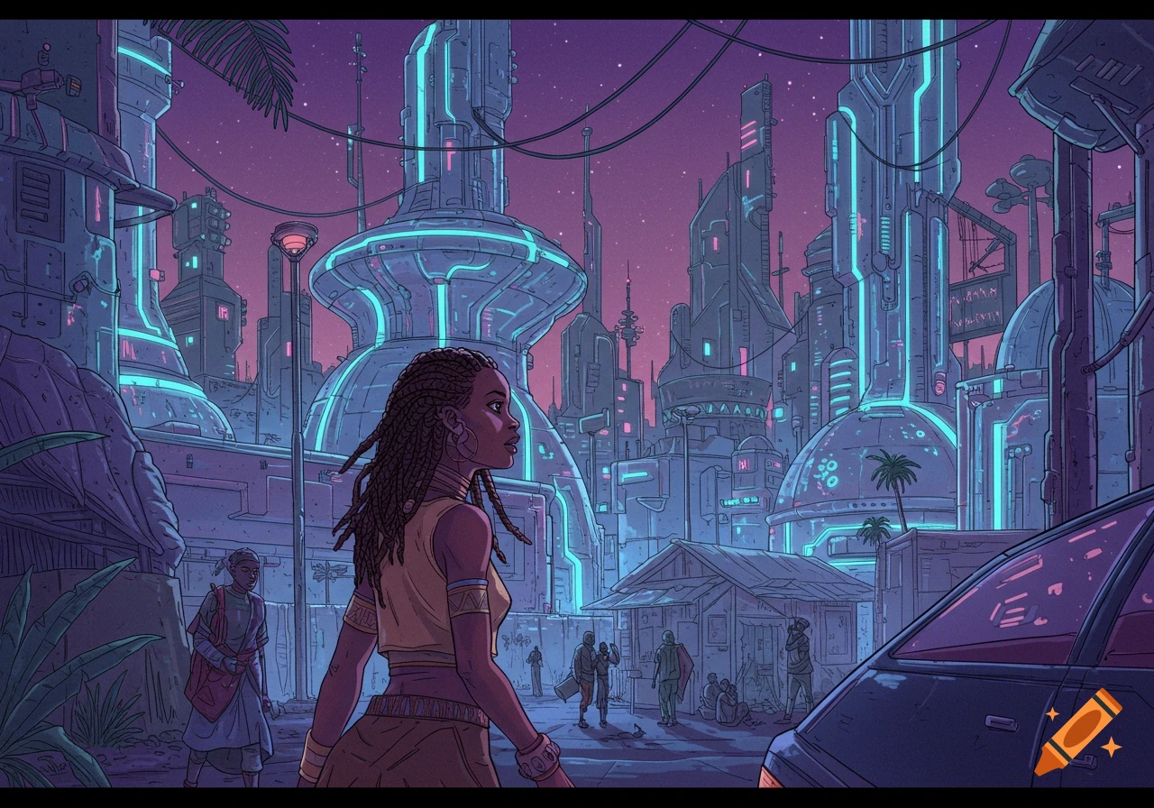 An afrofuturistic illustration of a woman walking in a futuristic city at dusk, with neon lights and unique architecture.