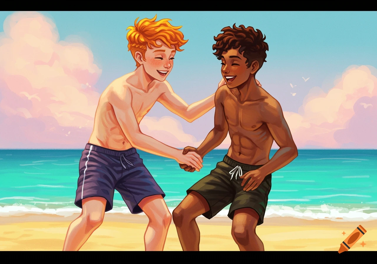 Illustration of two teenage boys, one with ginger hair and one with dark hair, shaking hands on a beach.