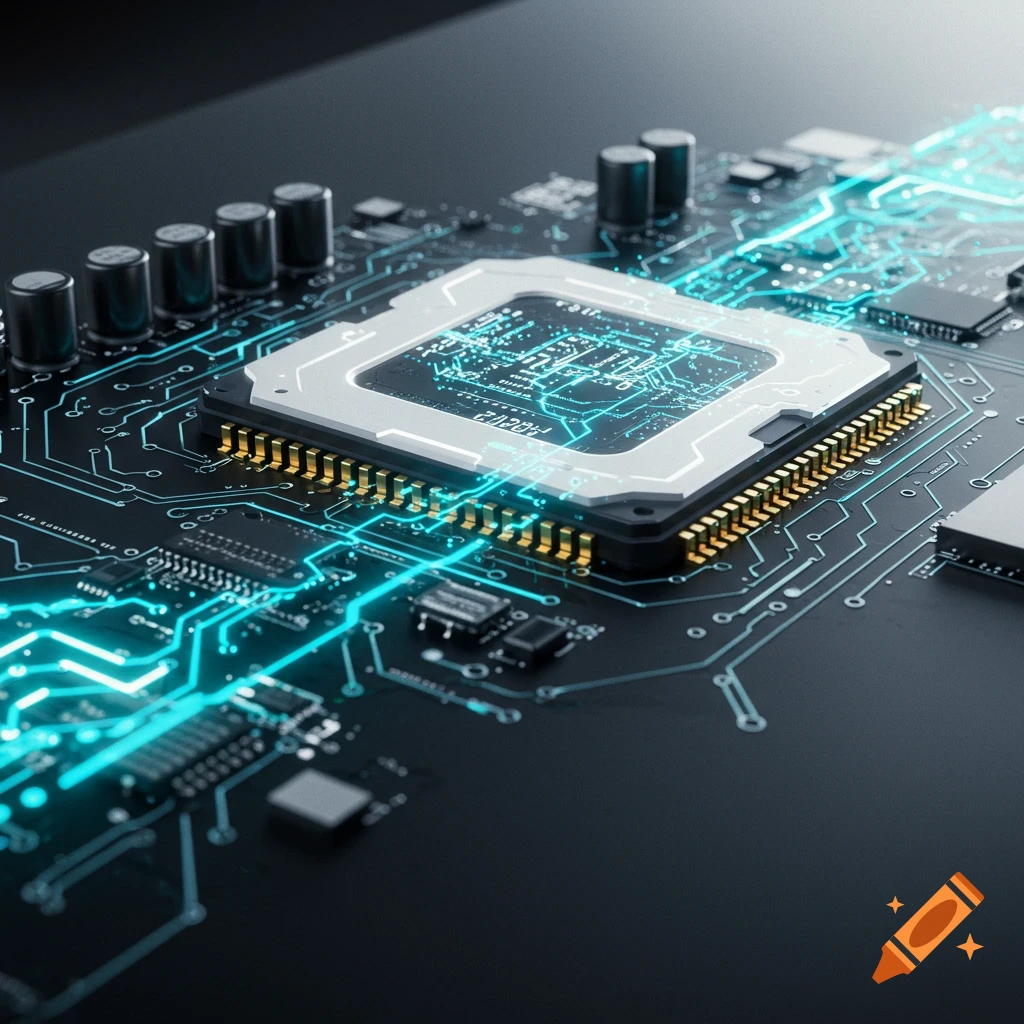 Close-up of a computer circuit board with a central CPU and glowing blue data paths.