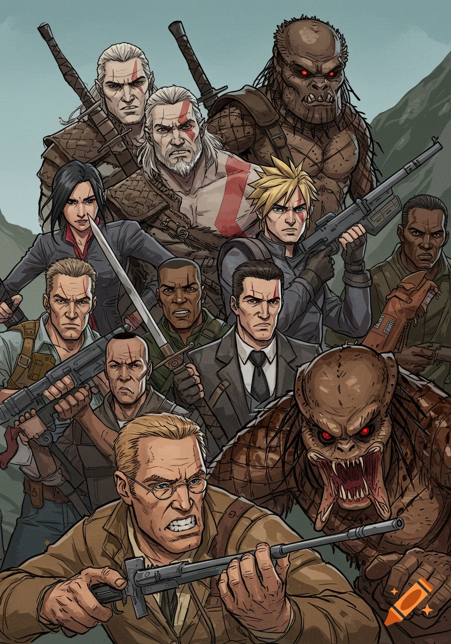 Group of video game and movie characters including Kratos, Geralt, Cloud, and Predator in comic art style.