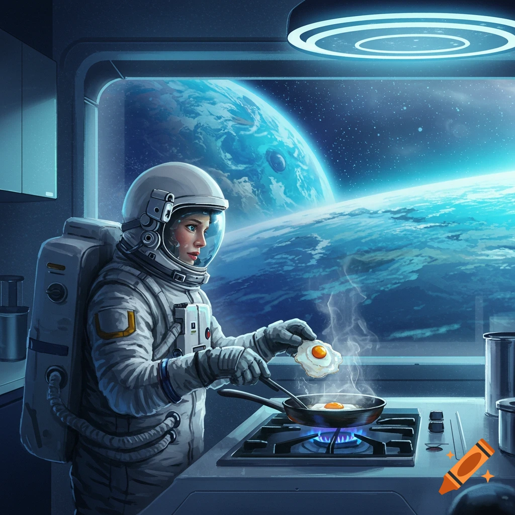 An astronaut cooks eggs in a kitchen with a view of Earth from space.