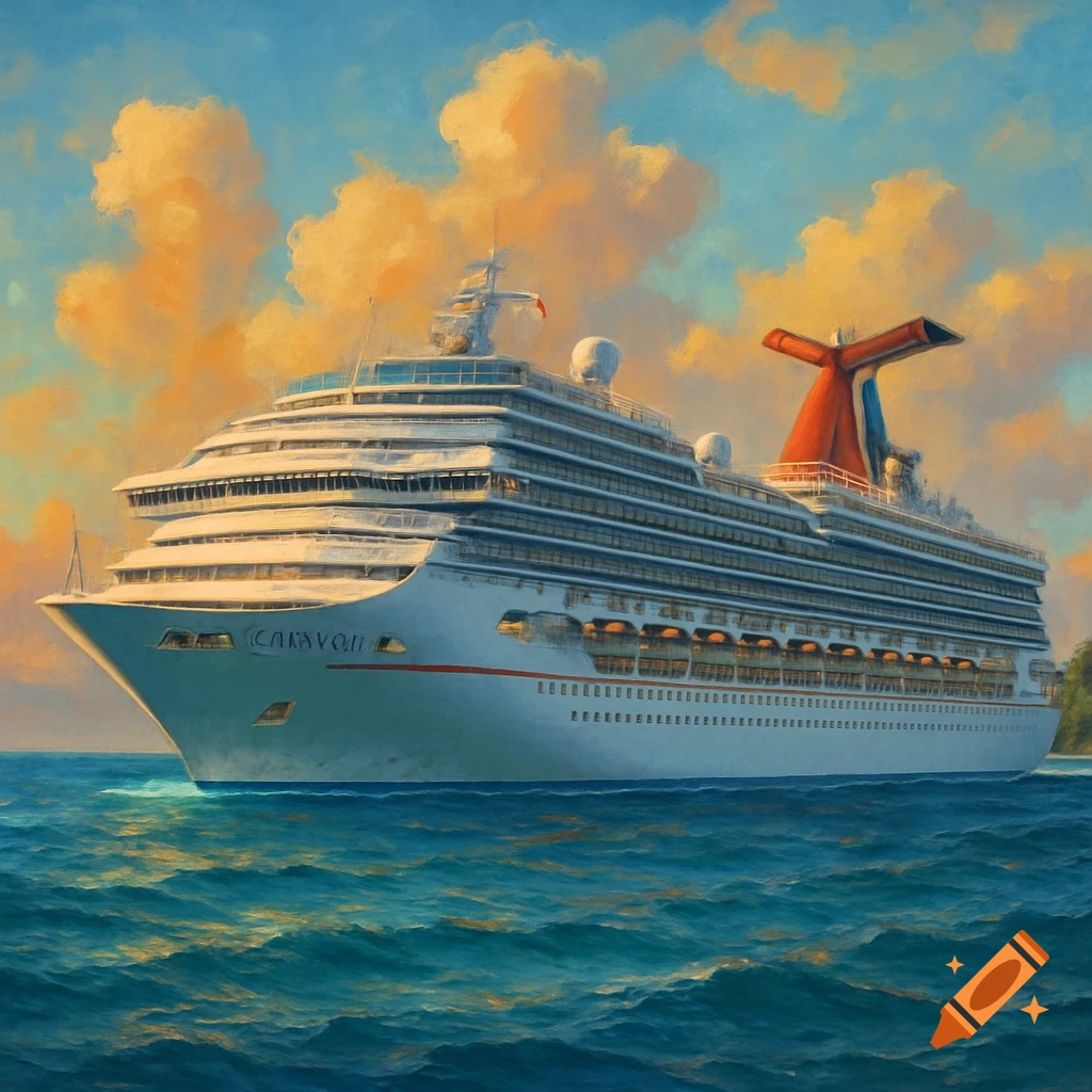 Painterly rendering of a large white cruise ship with a red and blue funnel sailing on blue water under orange and white clouds.
