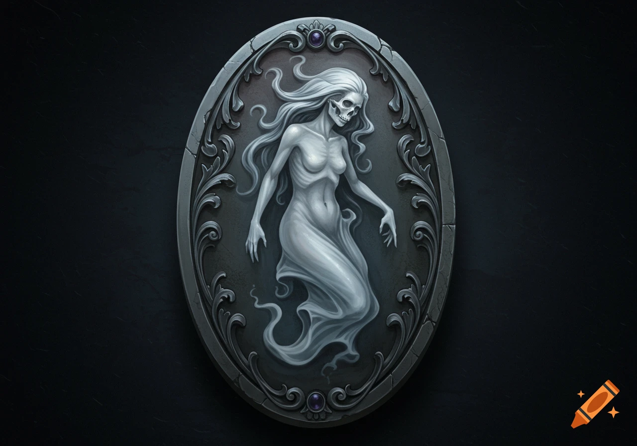 Gothic cameo illustration of a skeletal ghost figure in a flowing white garment, set in an ornate oval frame.