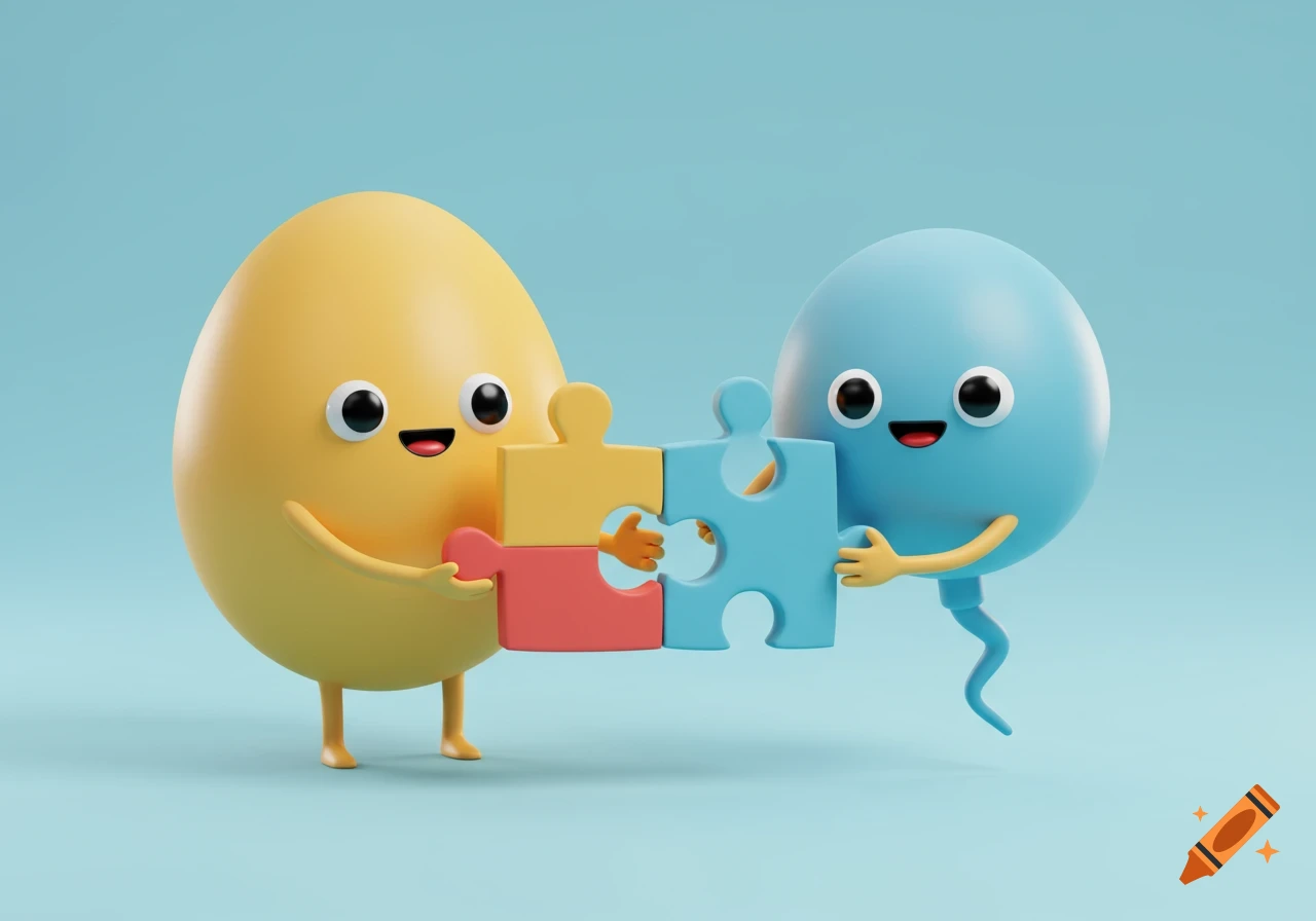 Cute 3D cartoon of yellow egg and blue sperm characters holding fitting puzzle pieces