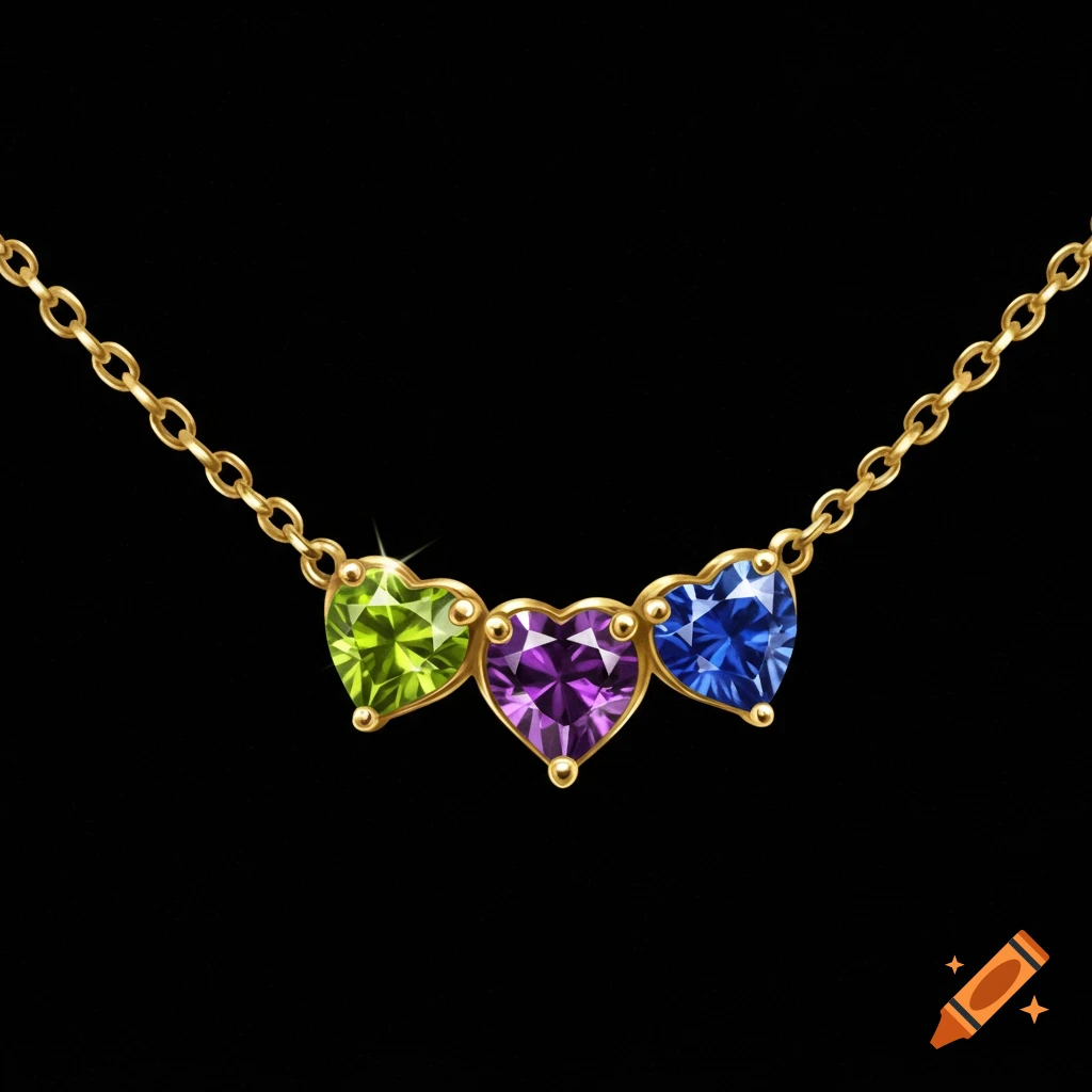 A gold necklace with three heart-shaped gems in green, purple, and blue, on a black background.