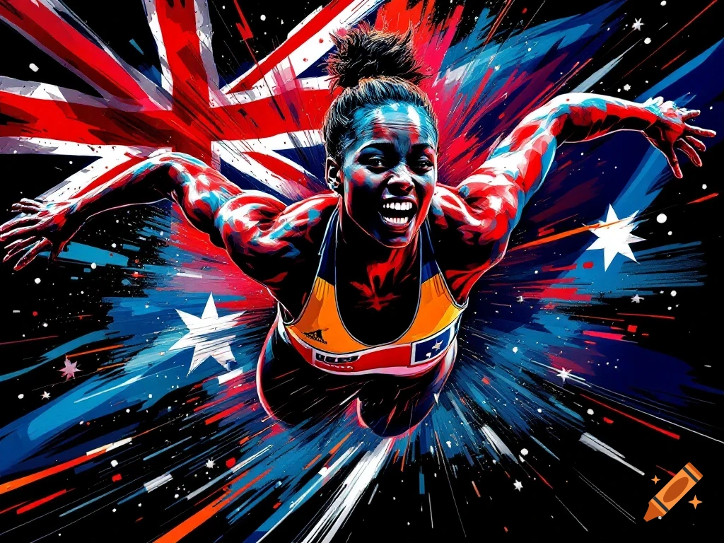Stylized illustration of a female sprinter diving forward against a background of the Australian flag.