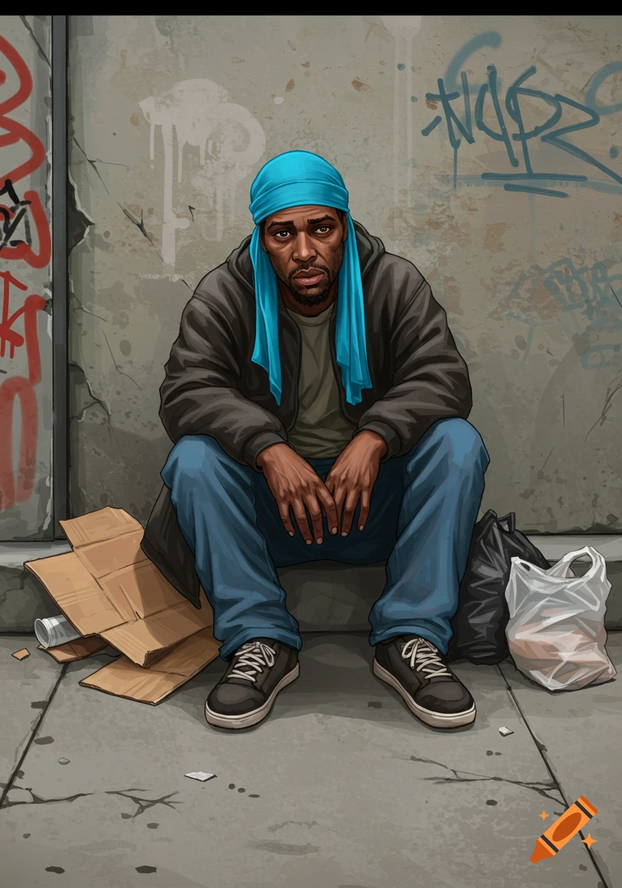 A man with a blue durag sits on a sidewalk next to a graffiti-covered wall.
