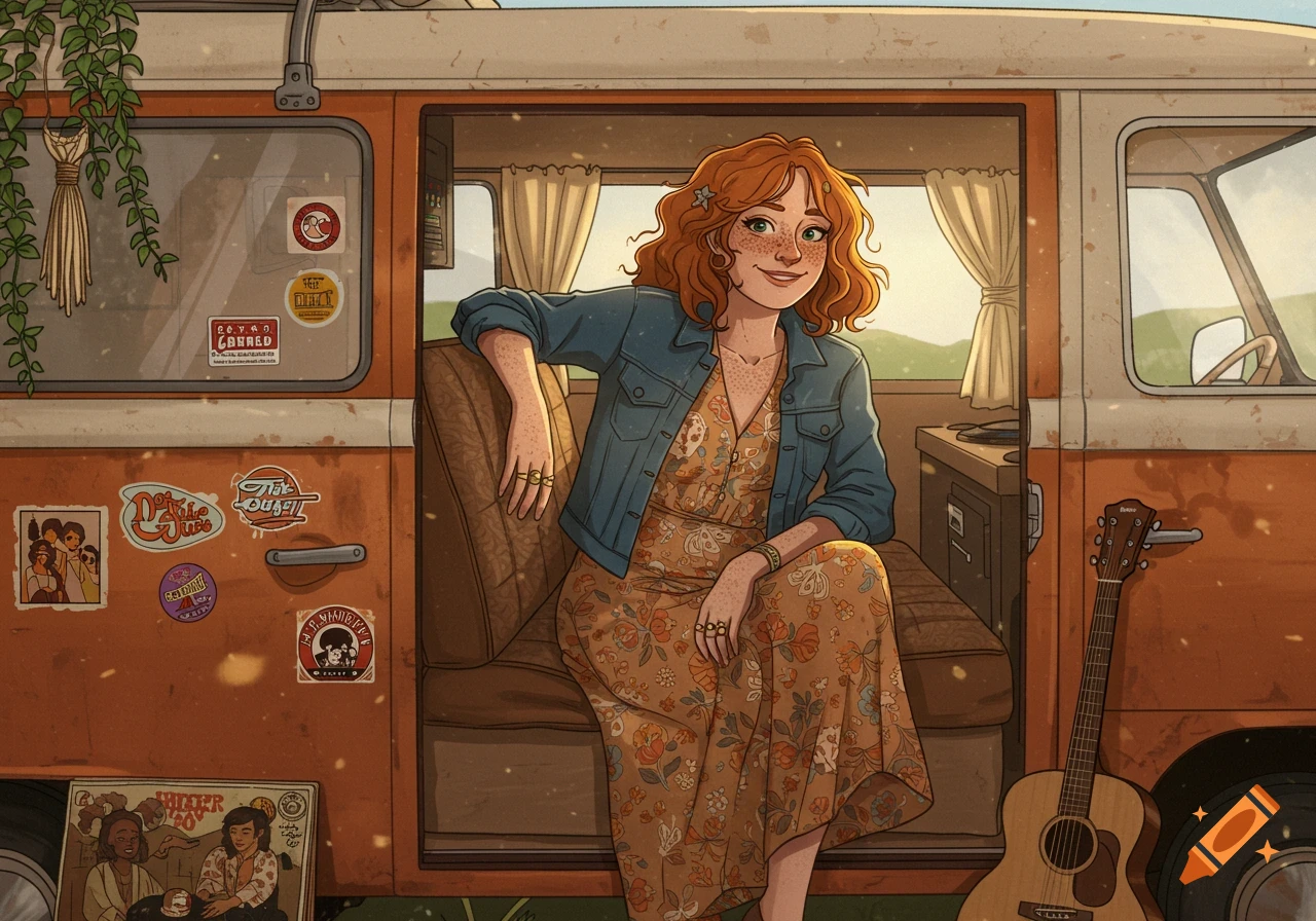 Illustrated red-haired woman sitting in a 1970s campervan with a guitar.