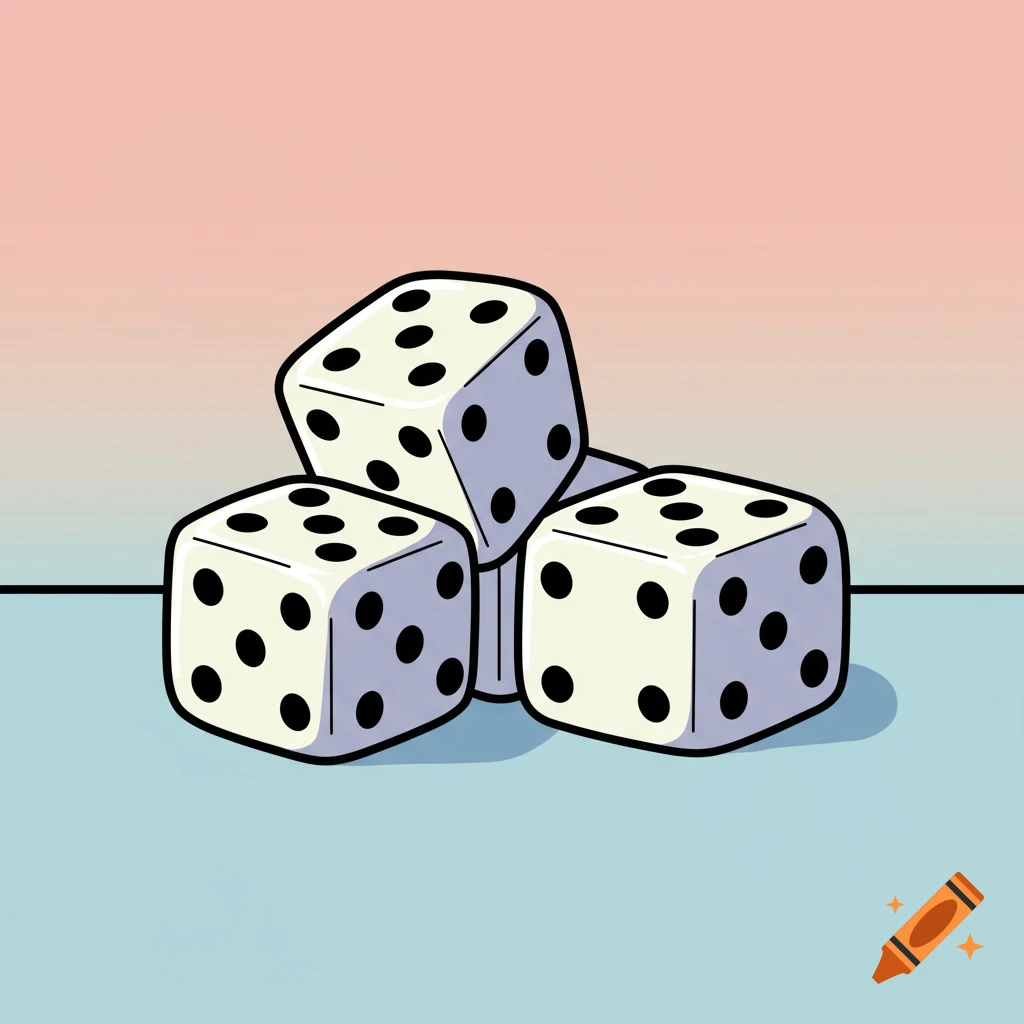 Three white dice stacked on a surface with a colored background in cartoon style.