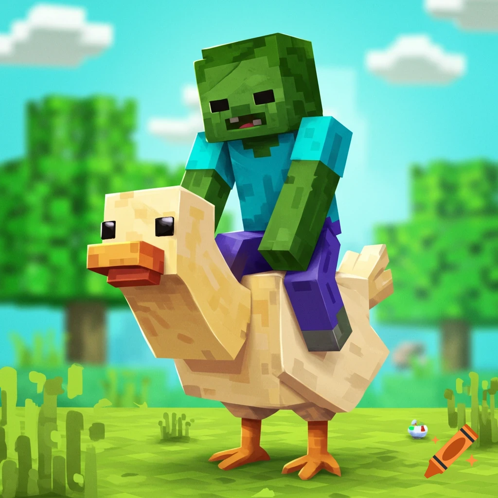 Minecraft zombie riding a chicken in a blocky landscape.