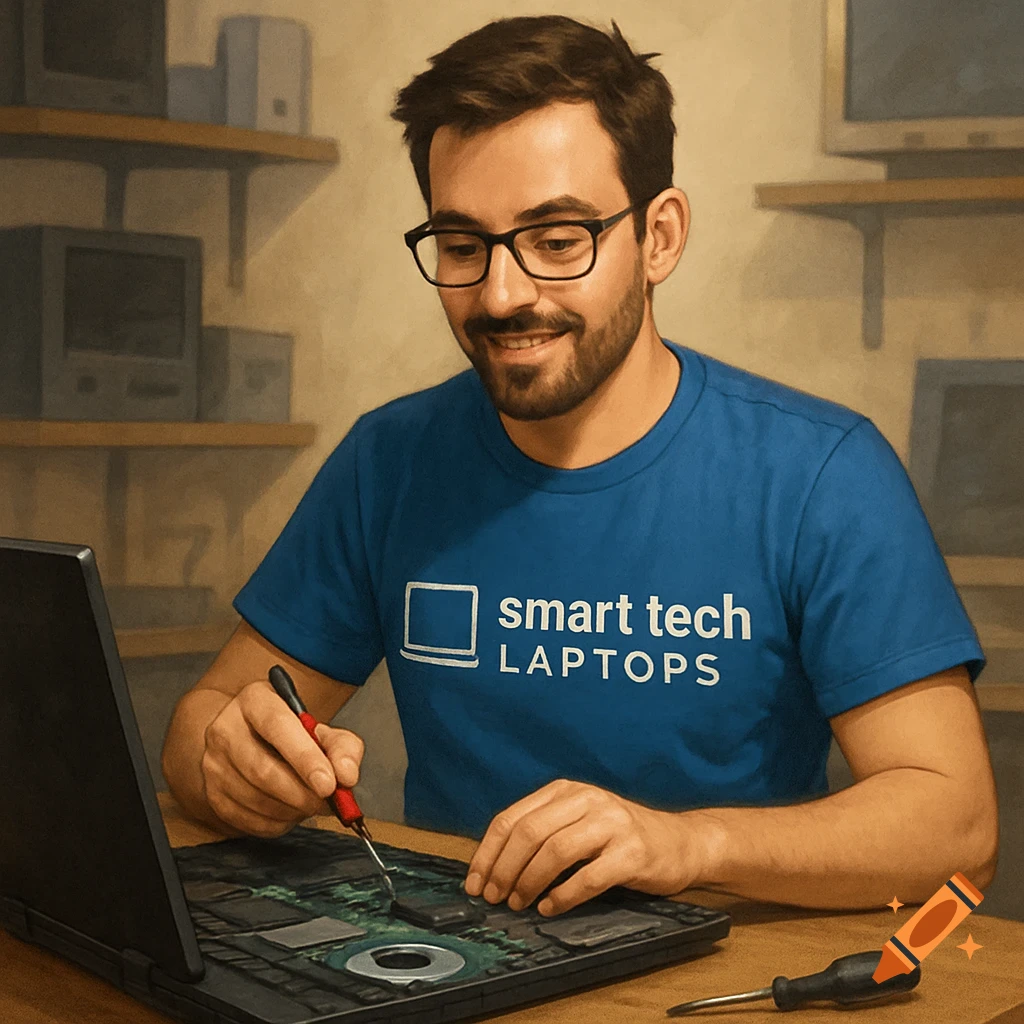 Man wearing a blue t-shirt works on a laptop