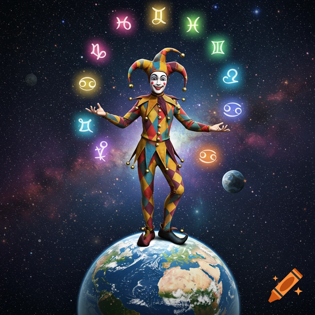 A jester stands on planet Earth in space, juggling colorful glowing zodiac symbols.