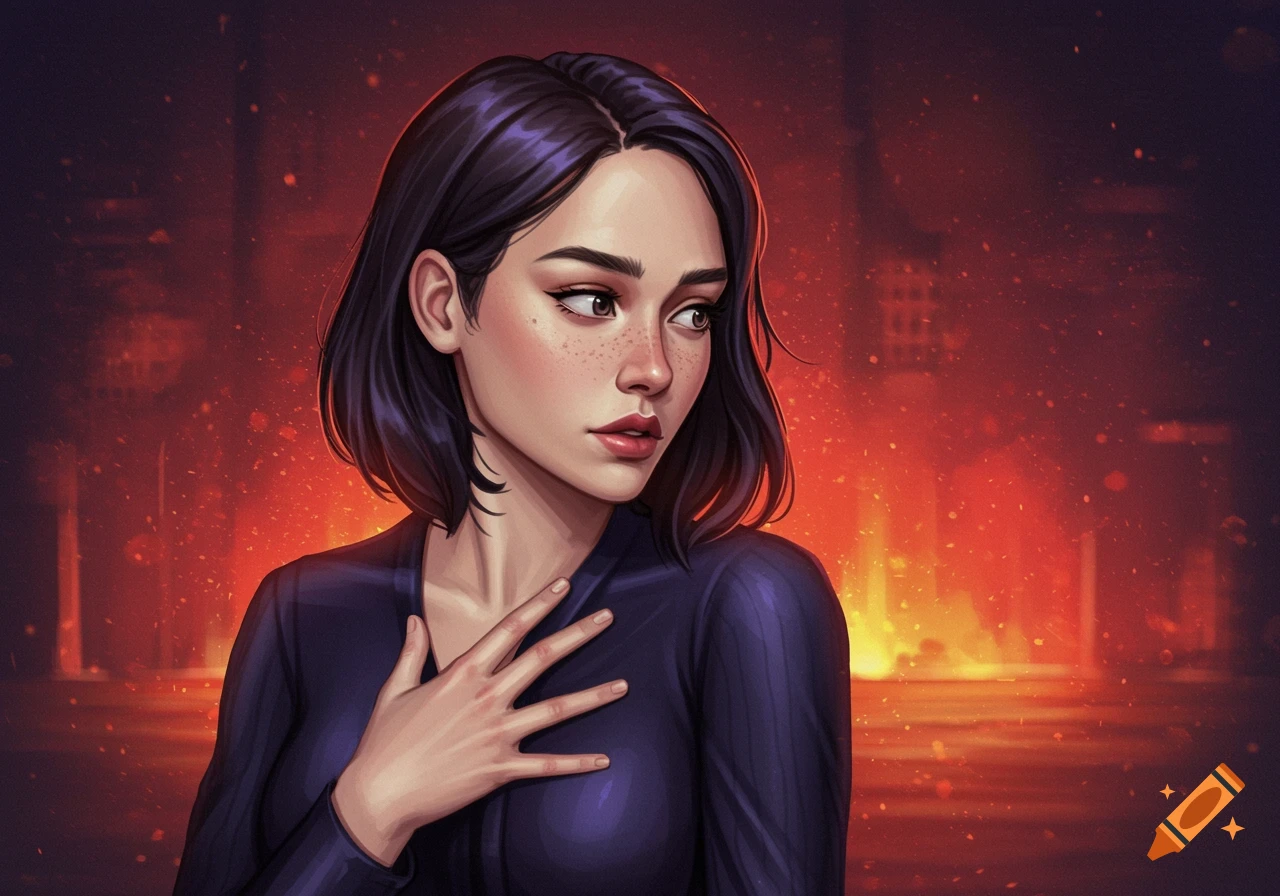Digital illustration of a woman with dark hair and freckles looking away, hand on her chest, against a fiery red background.