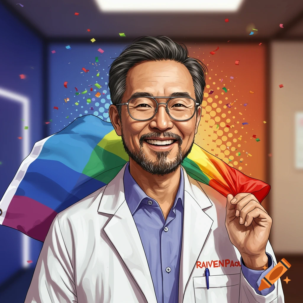 Smiling person in lab coat holding a rainbow flag with confetti falling.