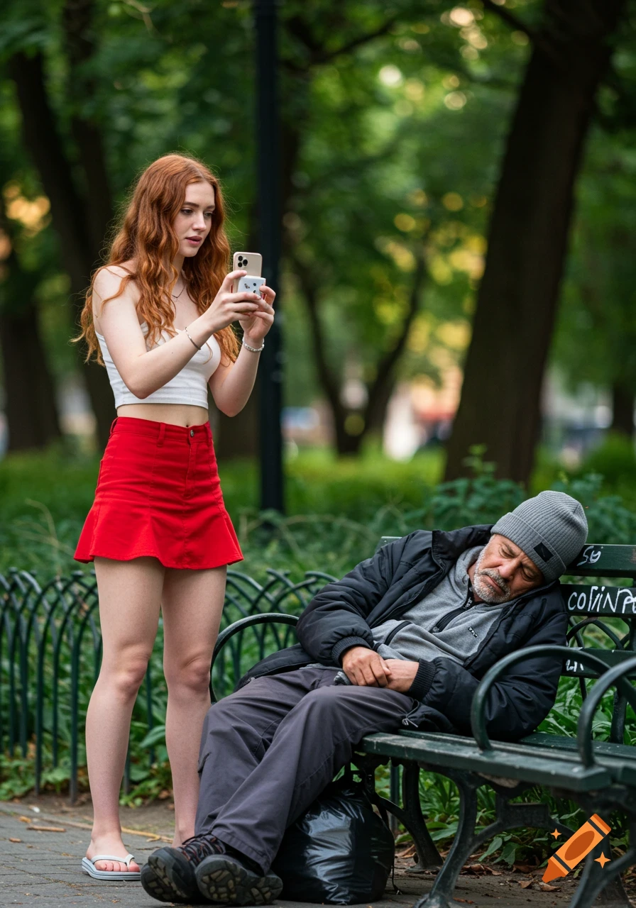 A woman in a red mini skirt takes a photo of a man sleeping on a park bench.