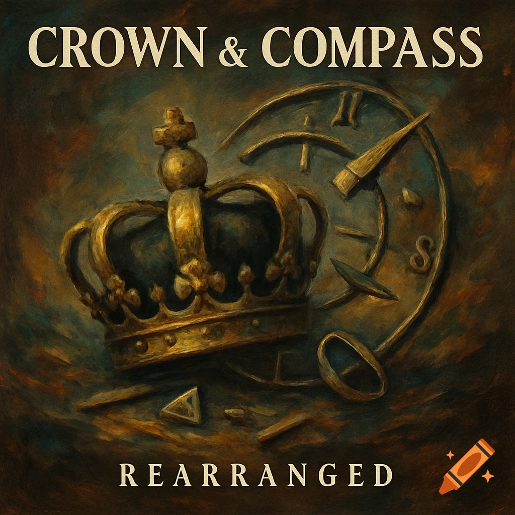 A gold crown and a clock face are shown on a dark textured background with the text 'Crown & Compass' and 'Rearranged'.
