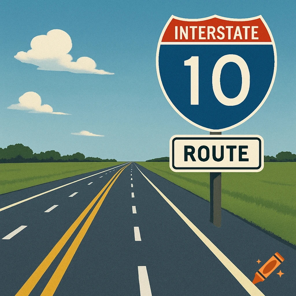 Interstate 10 road sign beside a highway through a rural landscape