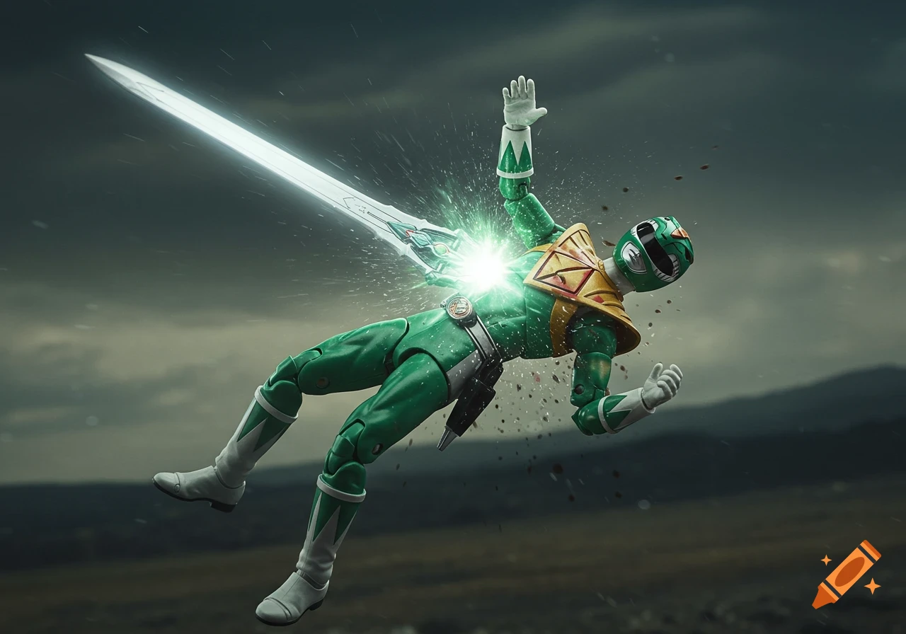 Green Power Ranger being stabbed by a glowing sword in the chest, with sparks flying.