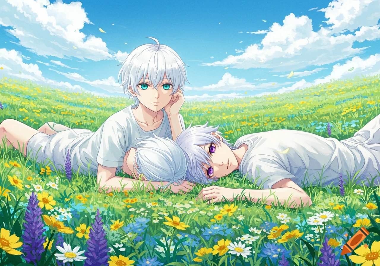 Three white-haired anime boys lie in a field of colorful flowers under a blue sky.