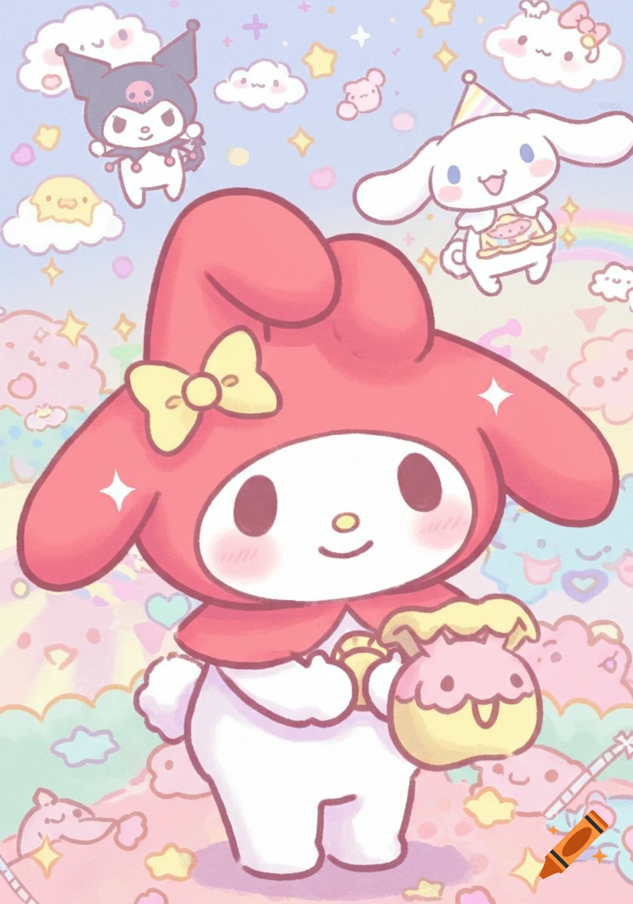 My Melody, Kuromi, and Cinnamoroll in a cute pastel illustration with clouds and stars.