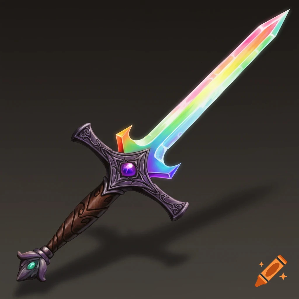 A rainbow-colored fantasy sword with an ornate hilt.