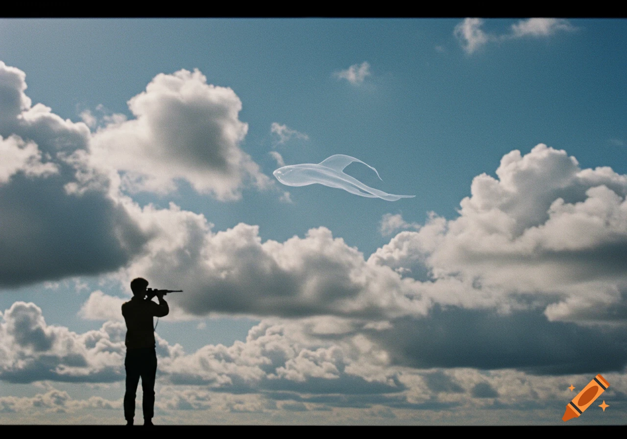 Silhouette of a person shooting at a translucent creature flying in a cloudy sky in a vintage photo style.