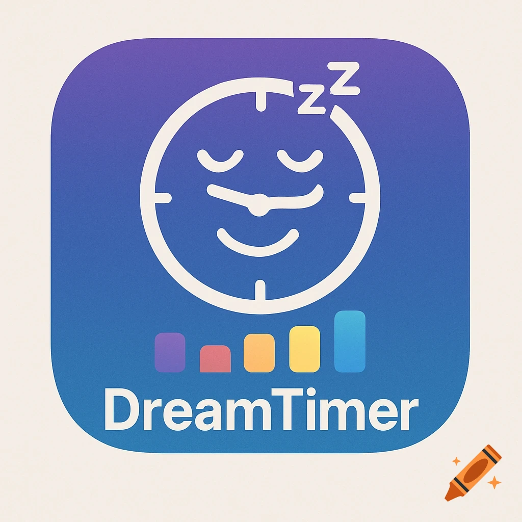 App icon with a clock featuring a sleeping face, colored bars, and the text DreamTimer on a blue gradient background.