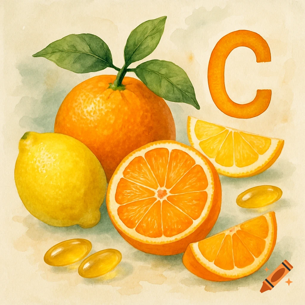 Watercolor illustration of citrus fruits, vitamin capsules, and the letter C.