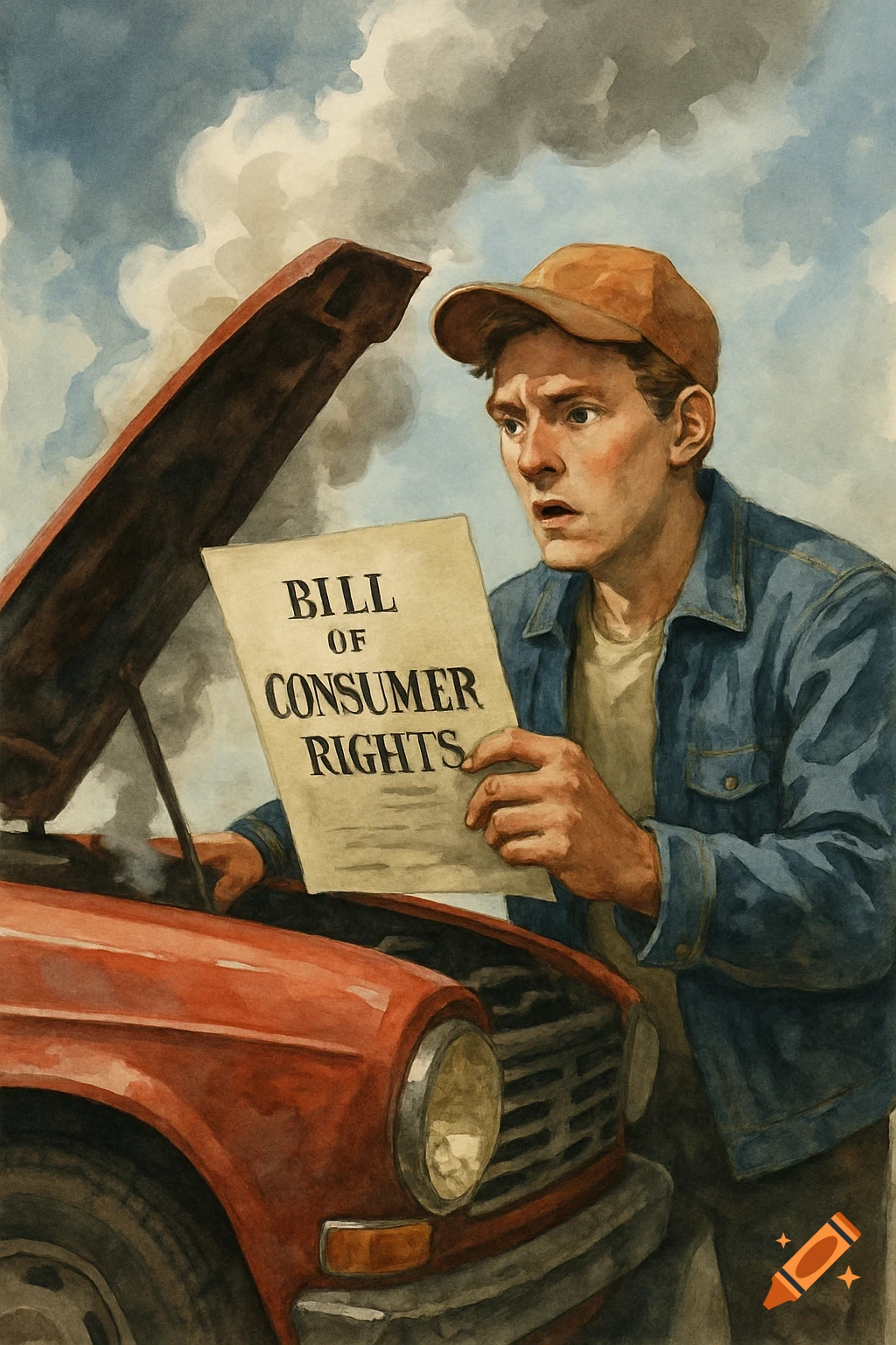 Man reads a document about consumer rights next to a steaming broken car in a watercolor style.