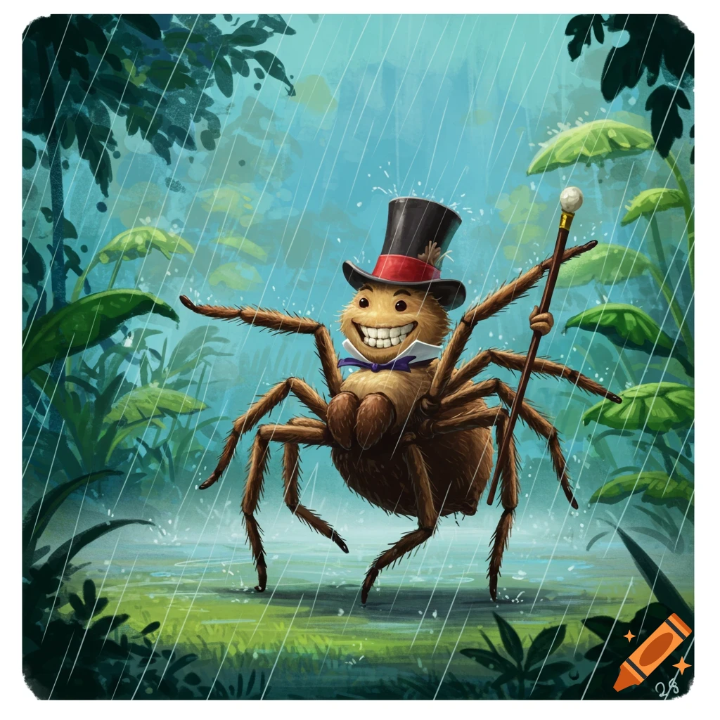A cartoon spider with a top hat and walking stick stands in the rain in a jungle.