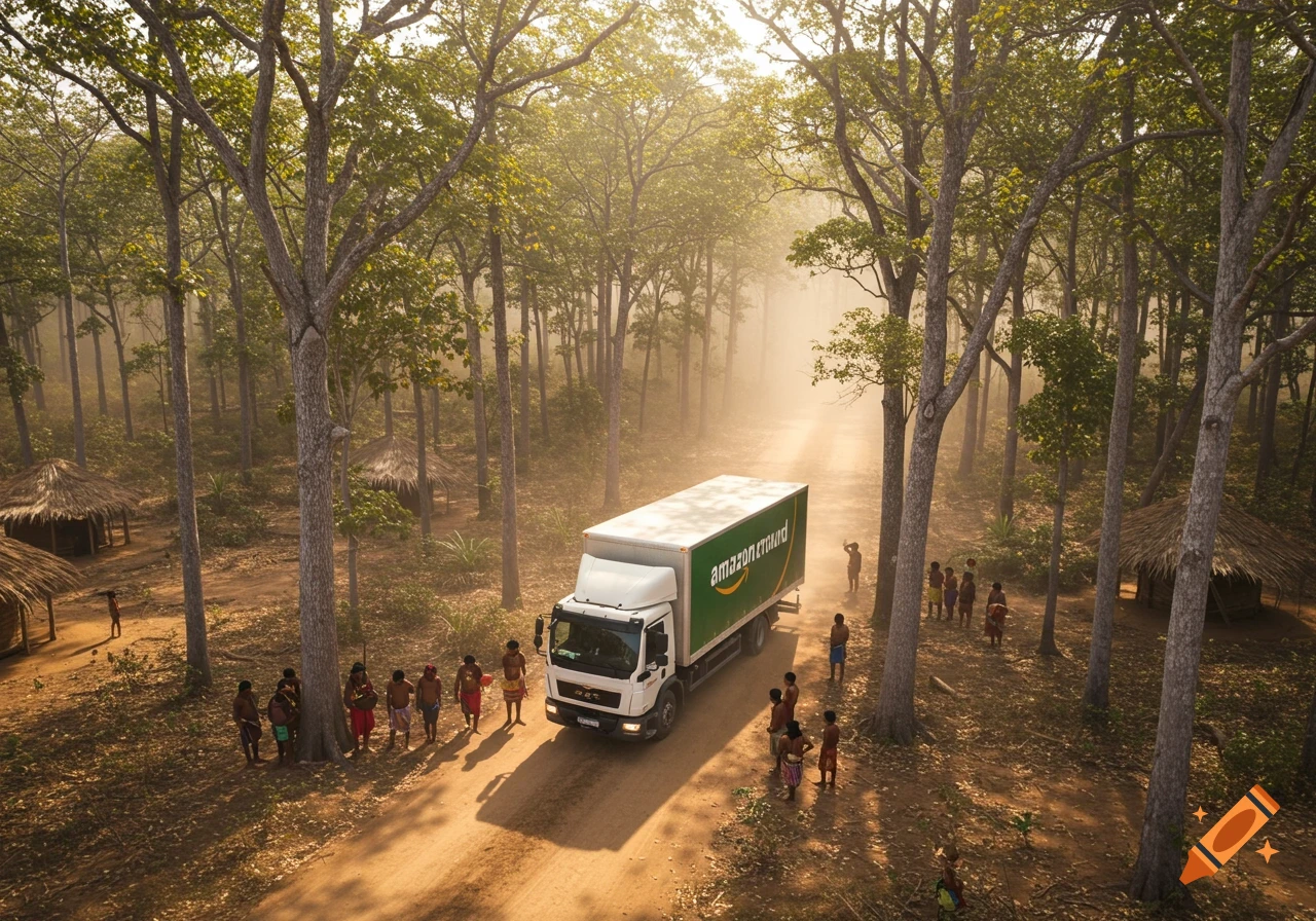 An Amazon delivery truck drives down a dirt road through a forest with people.